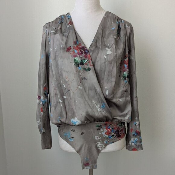 Zara Accessories Long Sleeve Criss Cross Floral Bodysuit, Large - Picture 1 of 7